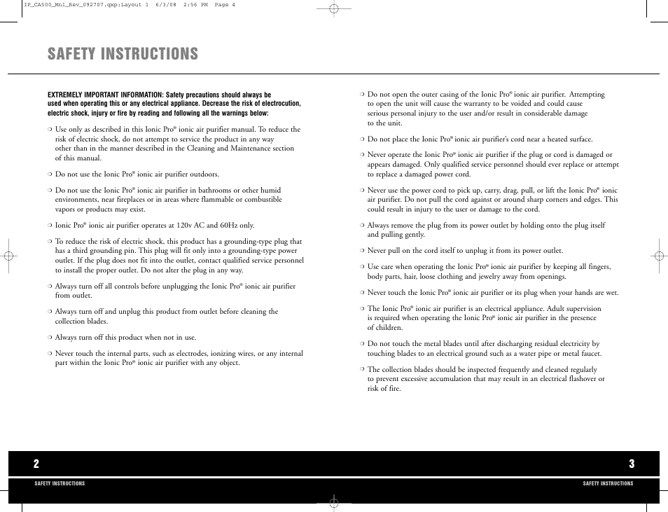 Safety instructions | Ionic Pro CA500 User Manual | Page 3 / 11