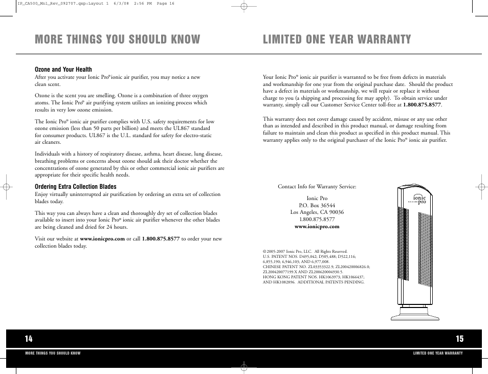 More things you should know, Limited one year warranty | Ionic Pro CA500 User Manual | Page 9 / 11