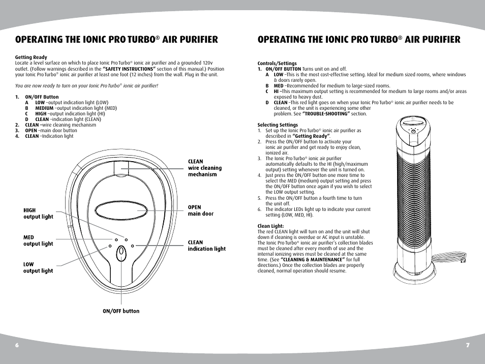 Operating the ionic pro, Turbo, Air purifier | Ionic Pro TURBO User Manual | Page 5 / 11