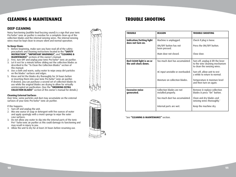 Trouble shooting, Cleaning & maintenance, Deep cleaning | Ionic Pro TURBO User Manual | Page 7 / 11