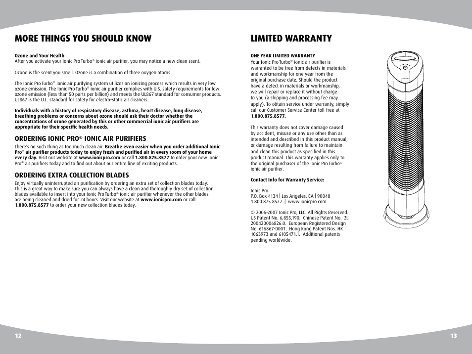 Limited warranty, More things you should know, Ordering ionic pro | Ionic air purifiers, Ordering extra collection blades | Ionic Pro TURBO User Manual | Page 8 / 11