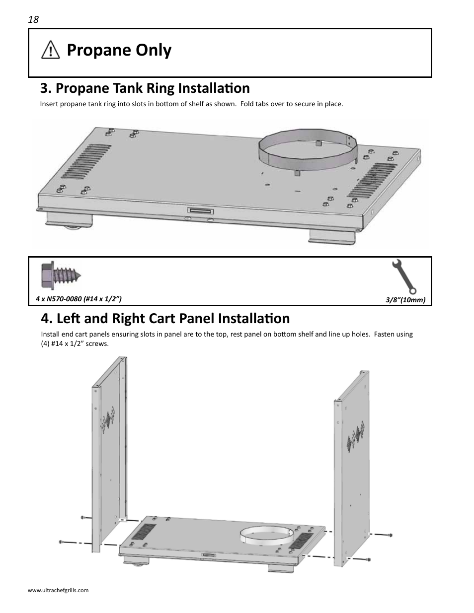 Propane only, Propane tank ring installation, Left and right cart panel installation | Transformer/rear cart panel installation | Interlink electronic L485SIB User Manual | Page 18 / 48