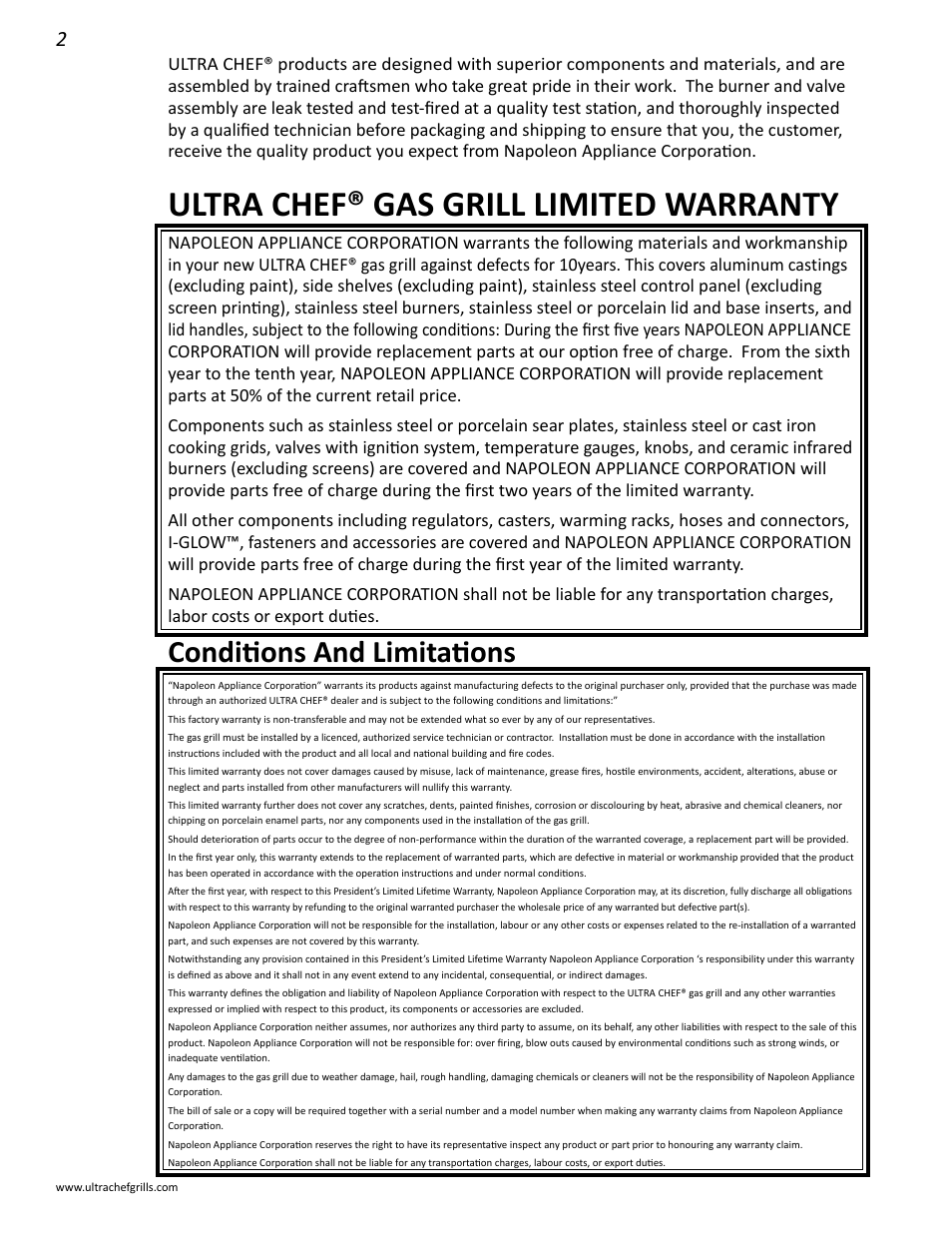 Ultra chef® gas grill limited warranty, Conditions and limitations | Interlink electronic L485SIB User Manual | Page 2 / 48
