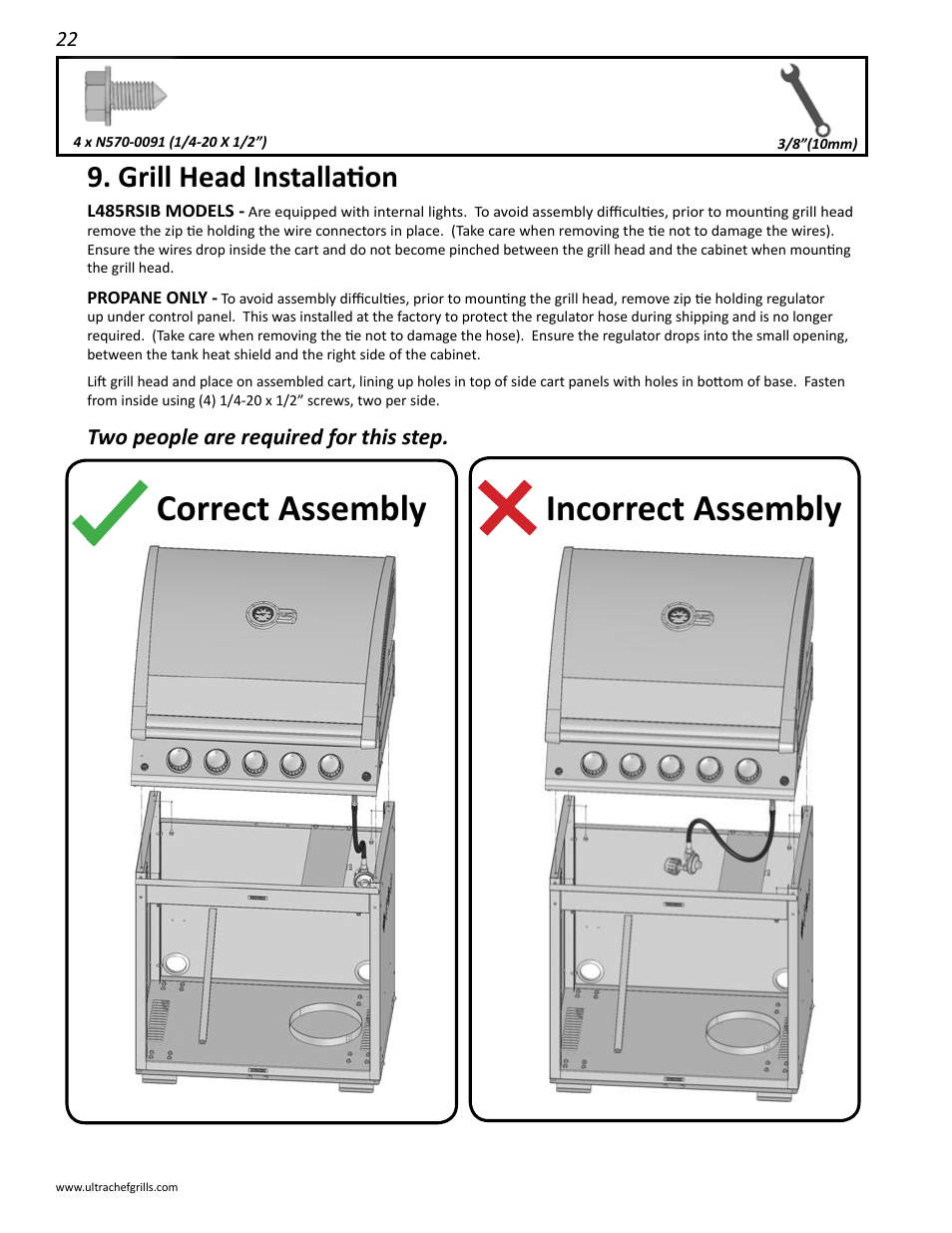 Correct assembly, Incorrect assembly, Grill head installation | Transformer / rotisserie mount installation, Battery pack / rotisserie mount installation | Interlink electronic L485SIB User Manual | Page 22 / 48