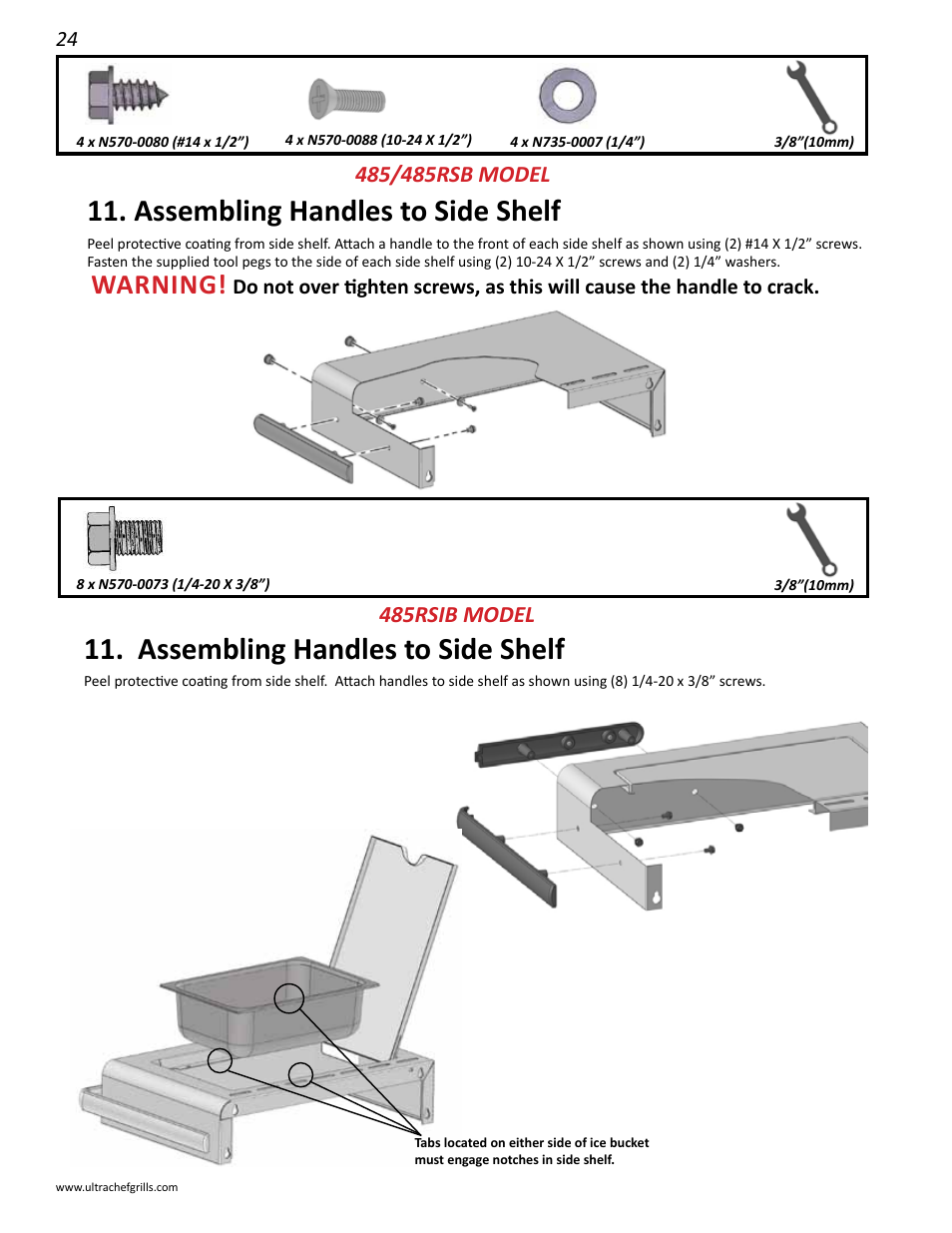 Assembling handles to side shelf, Side shelf installation, Side burner installation | Warning | Interlink electronic L485SIB User Manual | Page 24 / 48