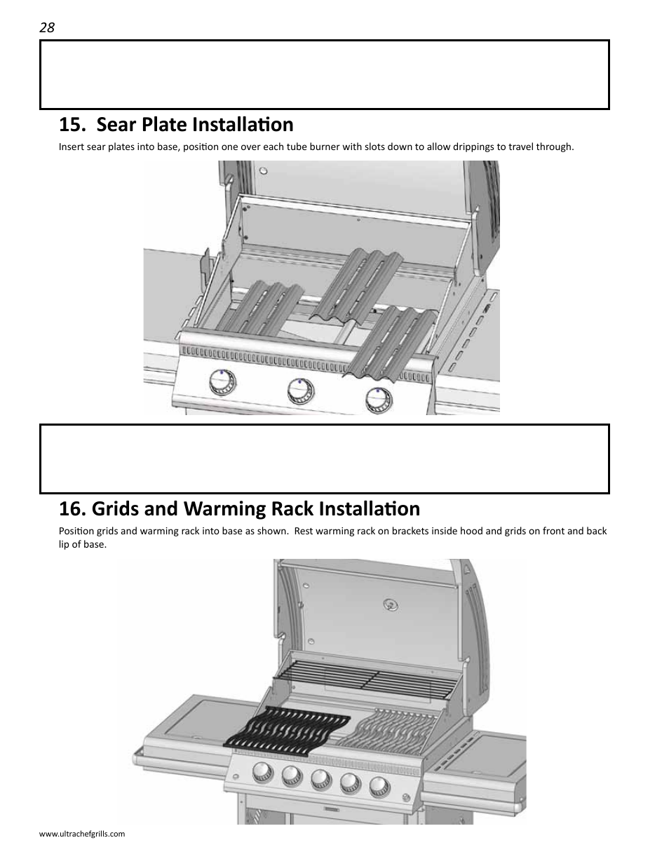 Sear plate installation, Grids and warming rack installation, Drip pan installation | Interlink electronic L485SIB User Manual | Page 28 / 48