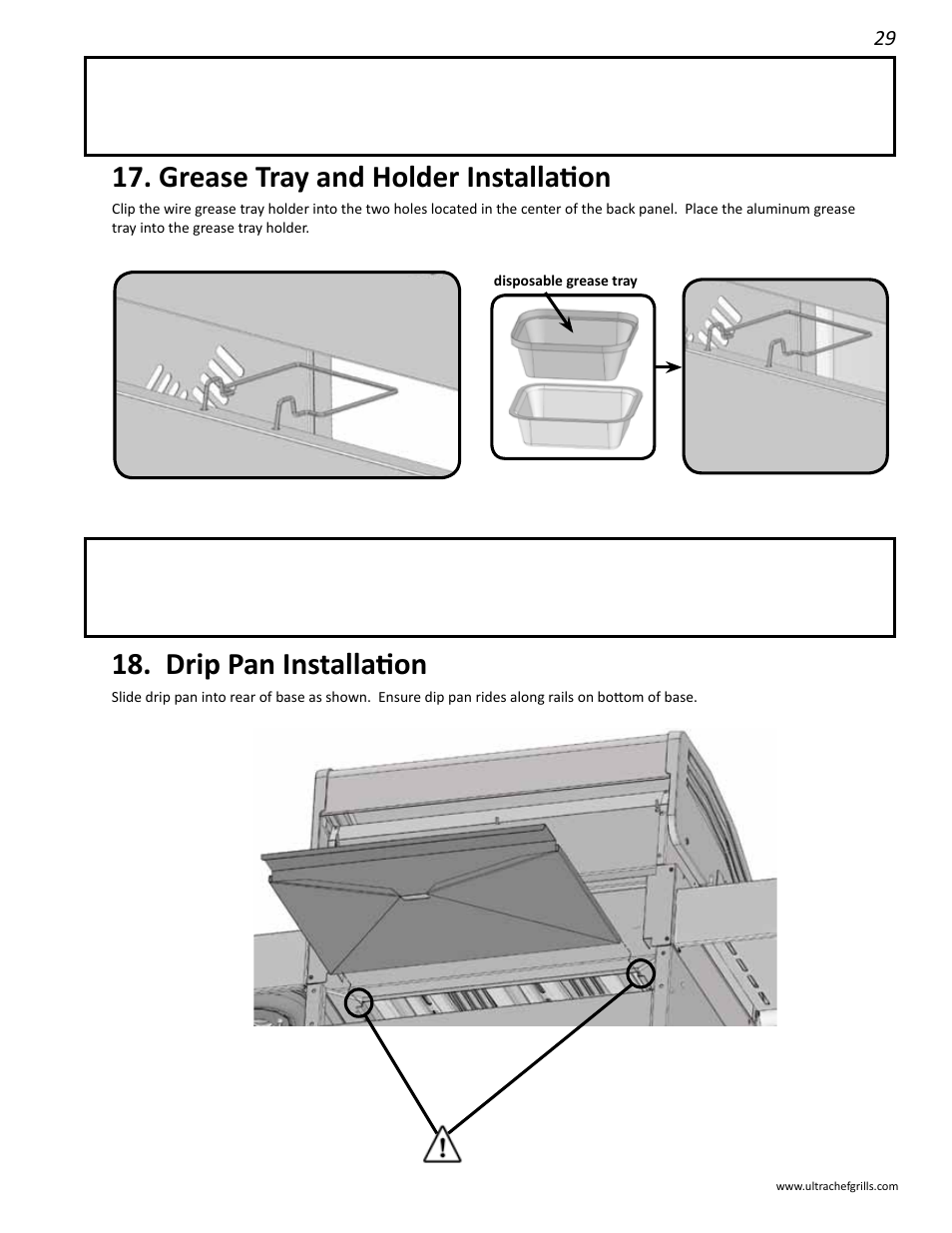 Grease tray and holder installation, Drip pan installation | Interlink electronic L485SIB User Manual | Page 29 / 48