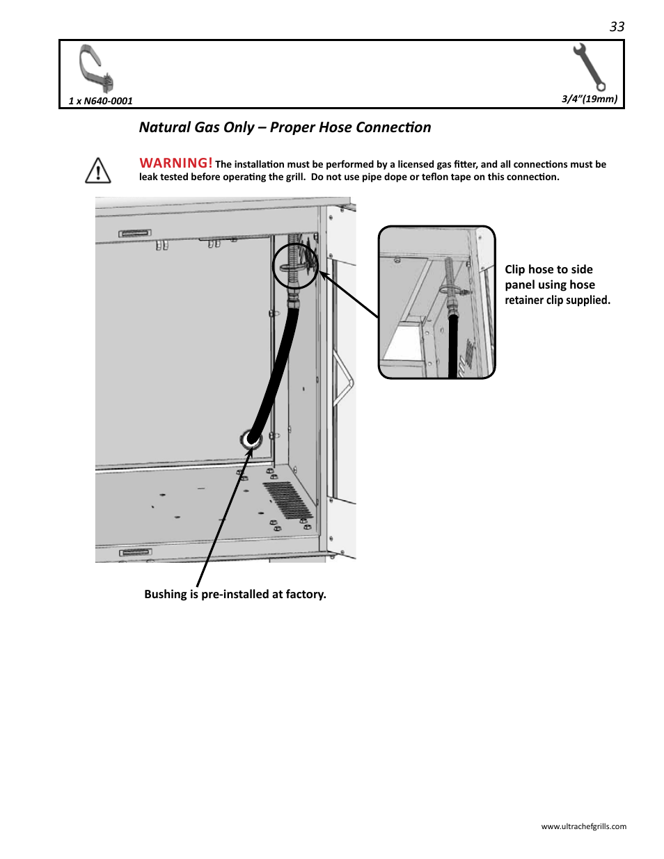 Natural gas only – proper hose connection, Warning | Interlink electronic L485SIB User Manual | Page 33 / 48