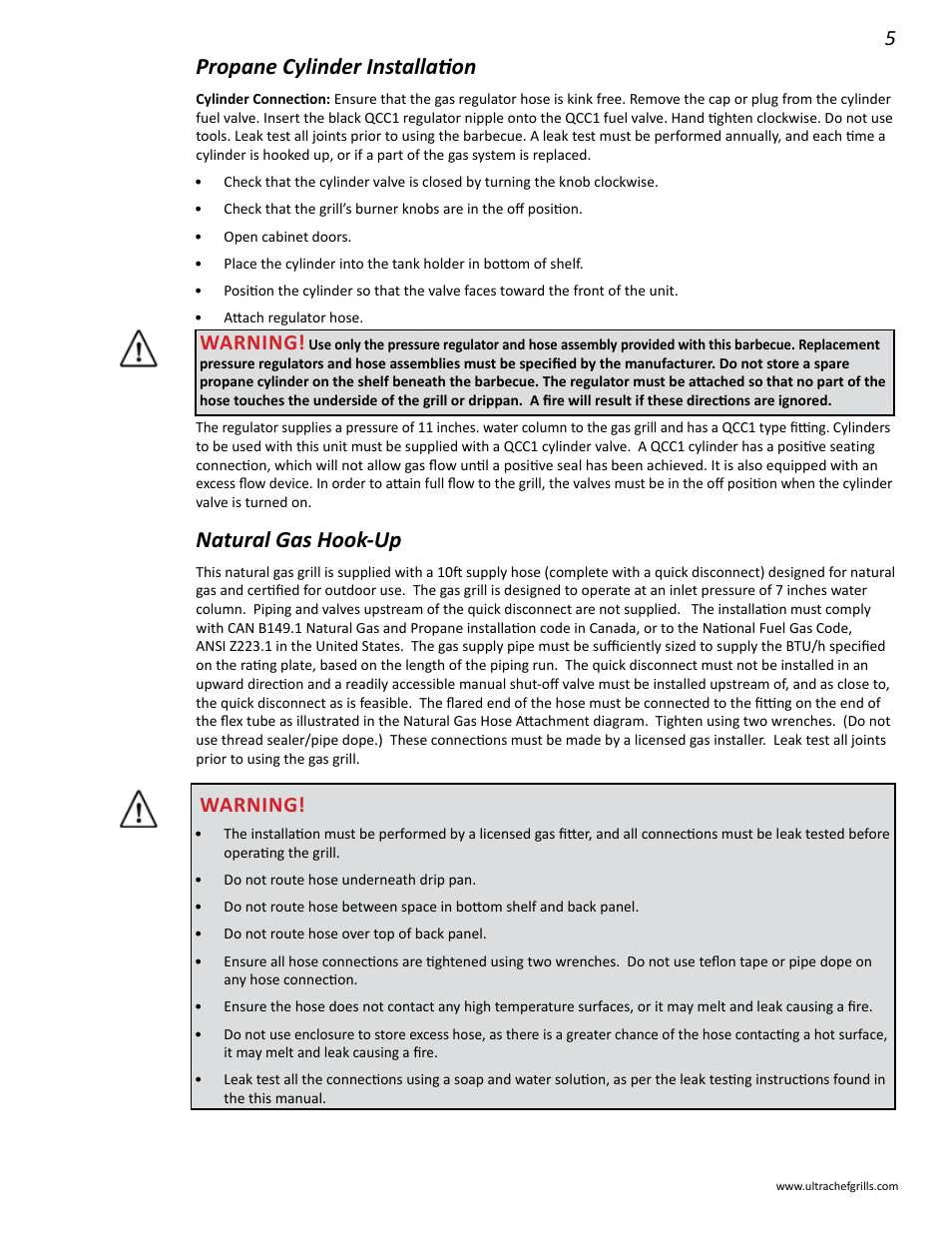 Propane cylinder installation, Natural gas hook-up, Warning | Interlink electronic L485SIB User Manual | Page 5 / 48