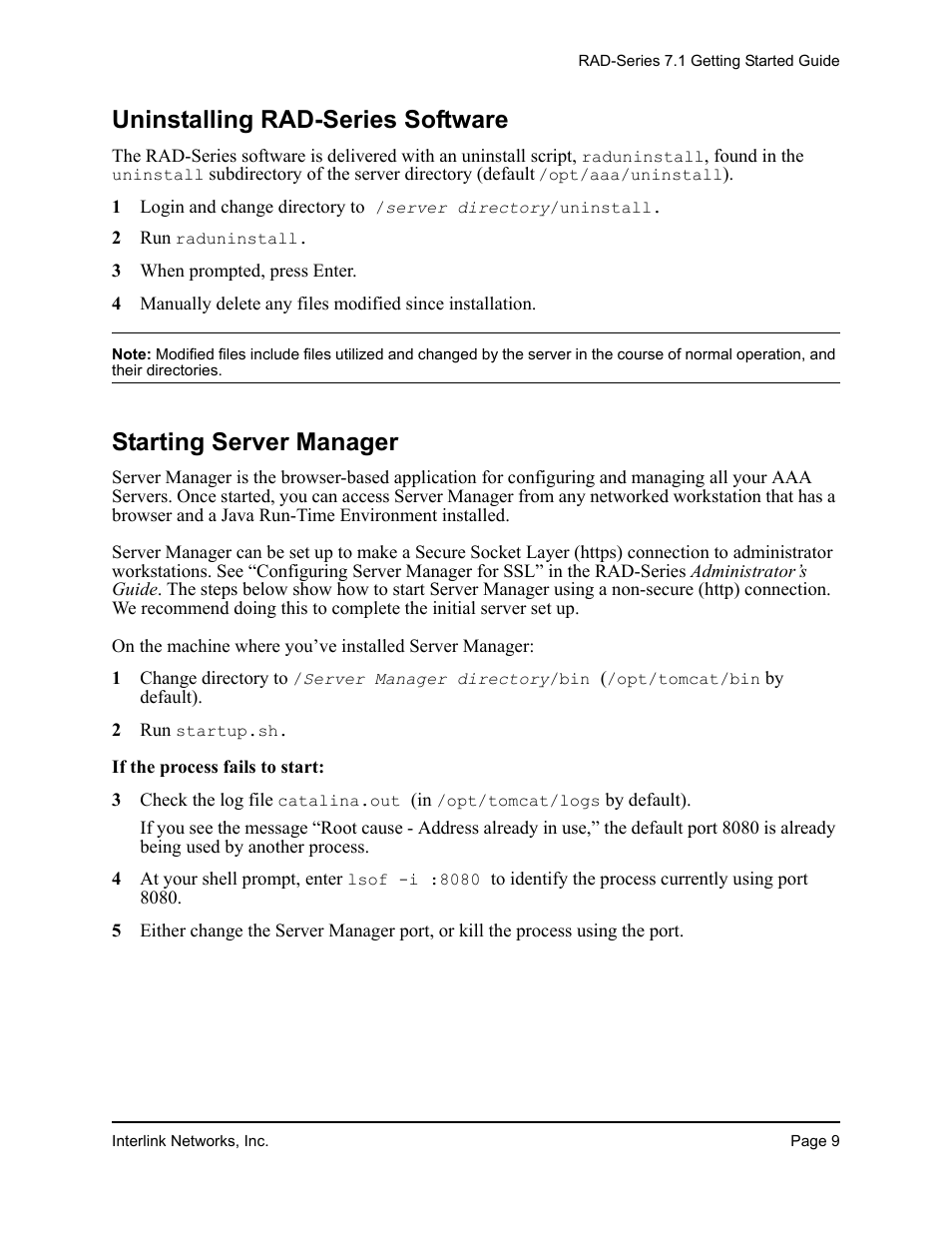 Uninstalling rad-series software, Starting server manager | Interlink electronic 7.1 User Manual | Page 13 / 25