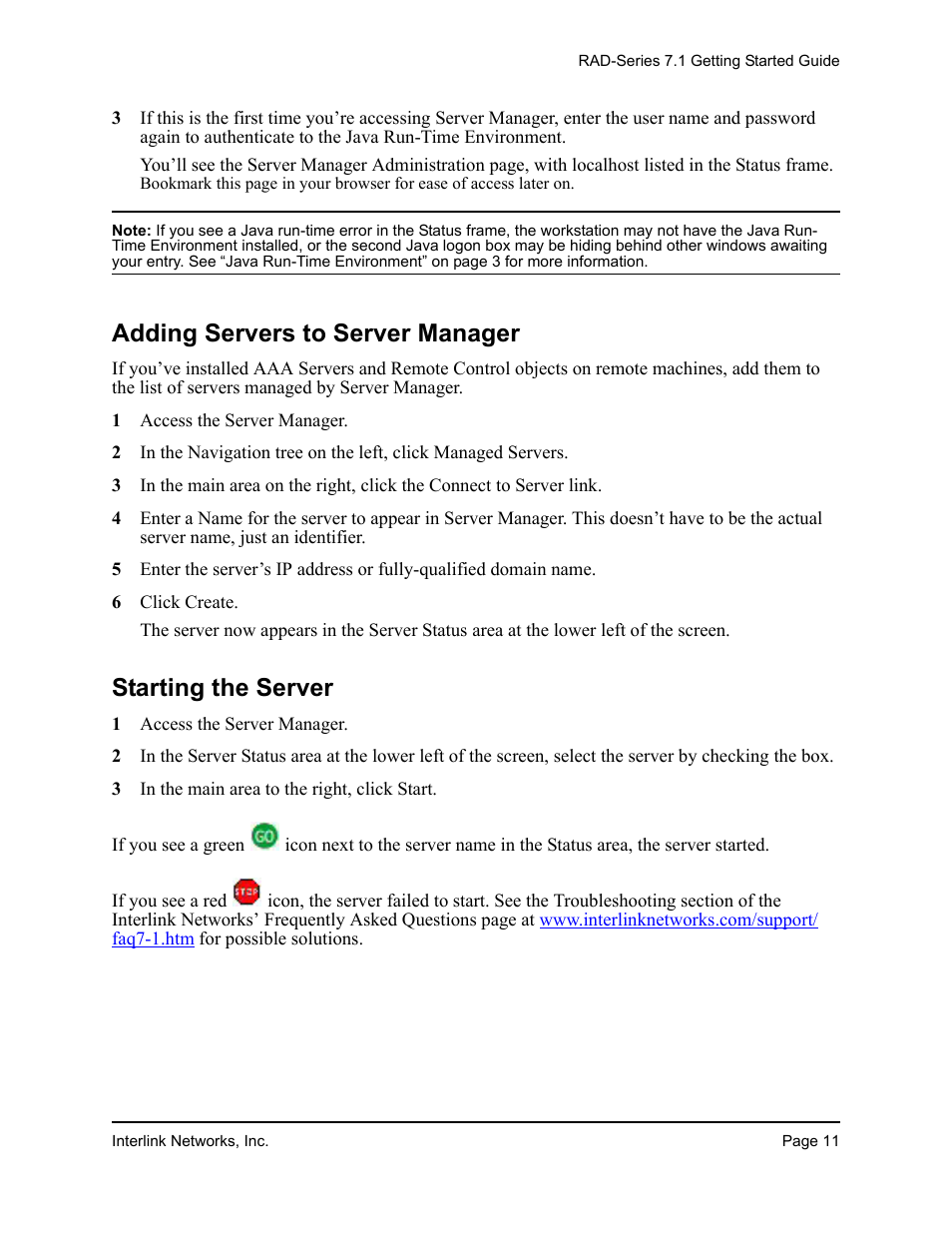 Adding servers to server manager, Starting the server | Interlink electronic 7.1 User Manual | Page 15 / 25