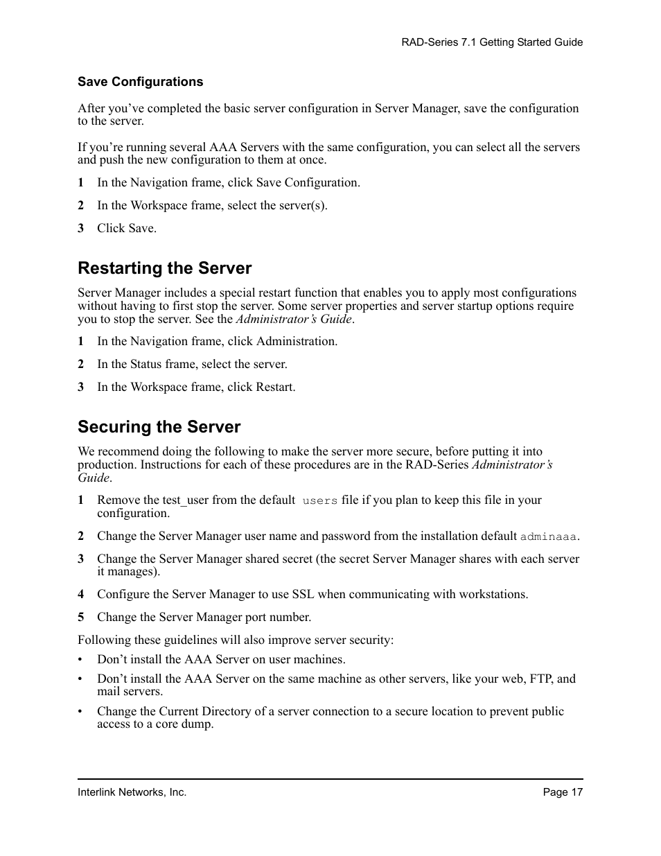 Save configurations, Reloading the server securing the server, Restarting the server | Securing the server | Interlink electronic 7.1 User Manual | Page 21 / 25