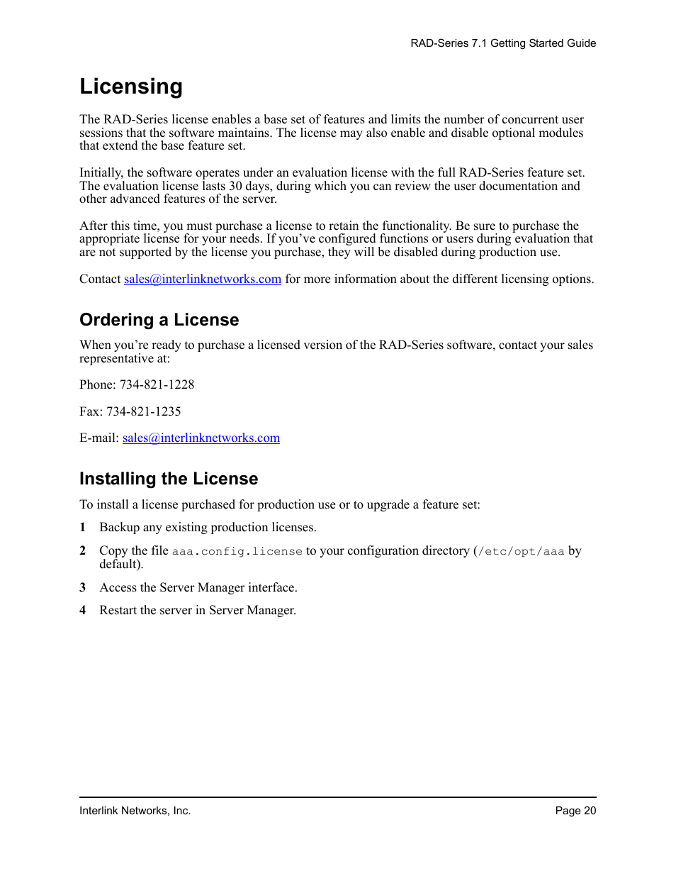 Licensing, Ordering a license installing the license, Ordering a license | Installing the license | Interlink electronic 7.1 User Manual | Page 24 / 25