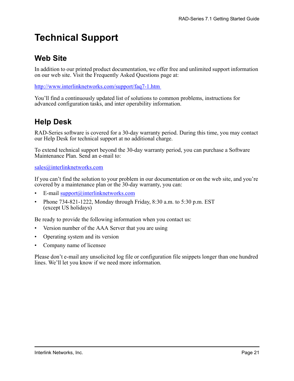 Technical support, Web site help desk, Web site | Help desk | Interlink electronic 7.1 User Manual | Page 25 / 25