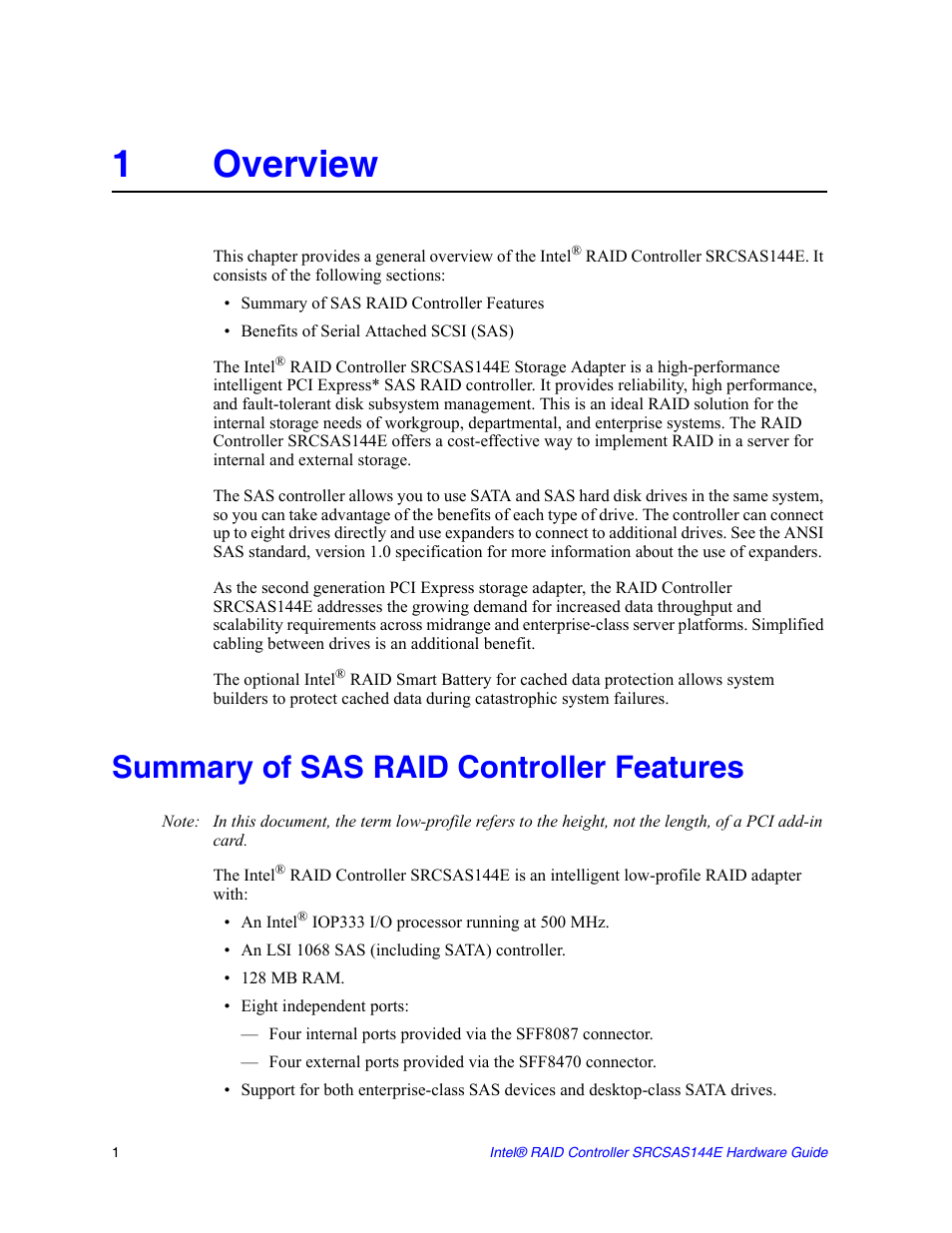 1 overview, Summary of sas raid controller features, Chapter 1 | Chapter 1, overview, 1overview | Intel raid controller srcsas144e User Manual | Page 10 / 28