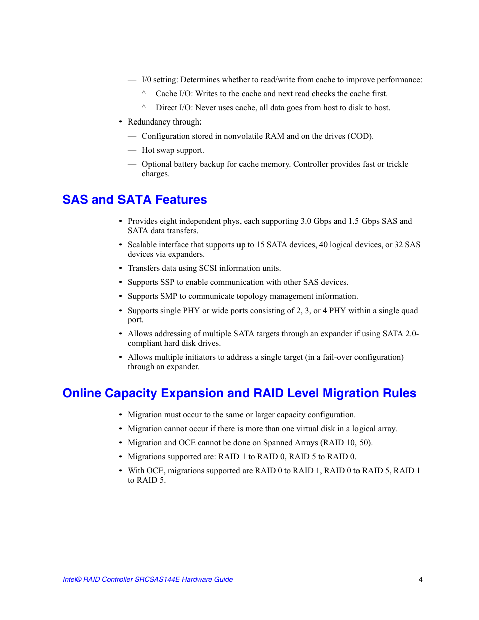 Sas and sata features | Intel raid controller srcsas144e User Manual | Page 13 / 28