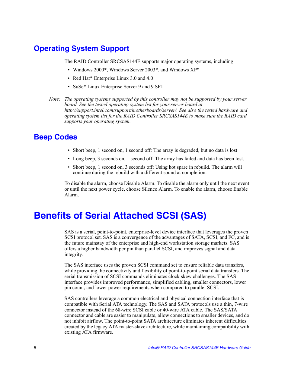 Operating system support, Beep codes, Benefits of serial attached scsi (sas) | Intel raid controller srcsas144e User Manual | Page 14 / 28