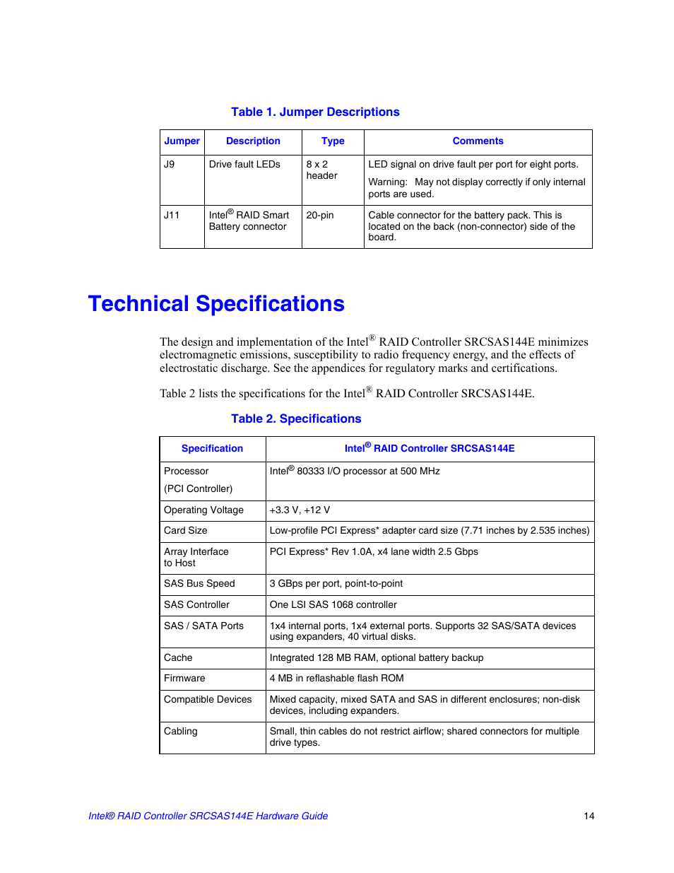 Technical specifications, Table 2. specifications | Intel raid controller srcsas144e User Manual | Page 23 / 28