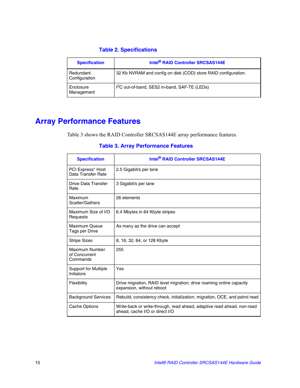 Array performance features, Table 3. array performance features | Intel raid controller srcsas144e User Manual | Page 24 / 28