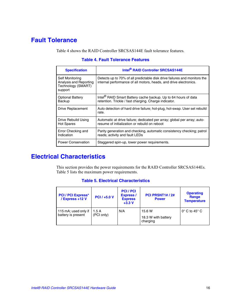 Fault tolerance, Electrical characteristics, Fault tolerance electrical characteristics | Intel raid controller srcsas144e User Manual | Page 25 / 28