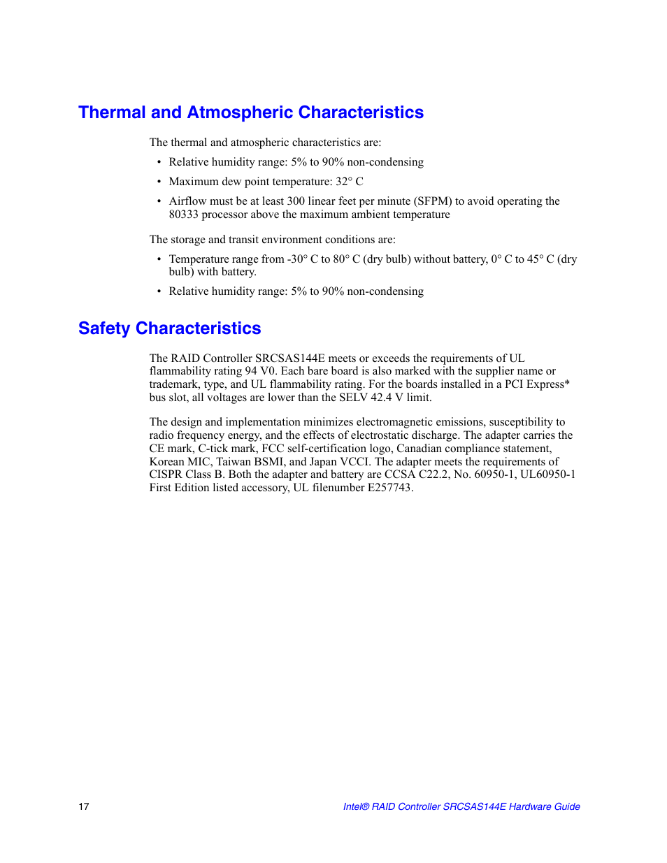 Thermal and atmospheric characteristics, Safety characteristics | Intel raid controller srcsas144e User Manual | Page 26 / 28