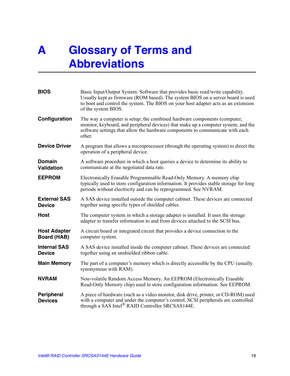A glossary of terms and abbreviations, Appendix a, A. glossary of terms and abbreviations | Aglossary of terms and abbreviations | Intel raid controller srcsas144e User Manual | Page 27 / 28