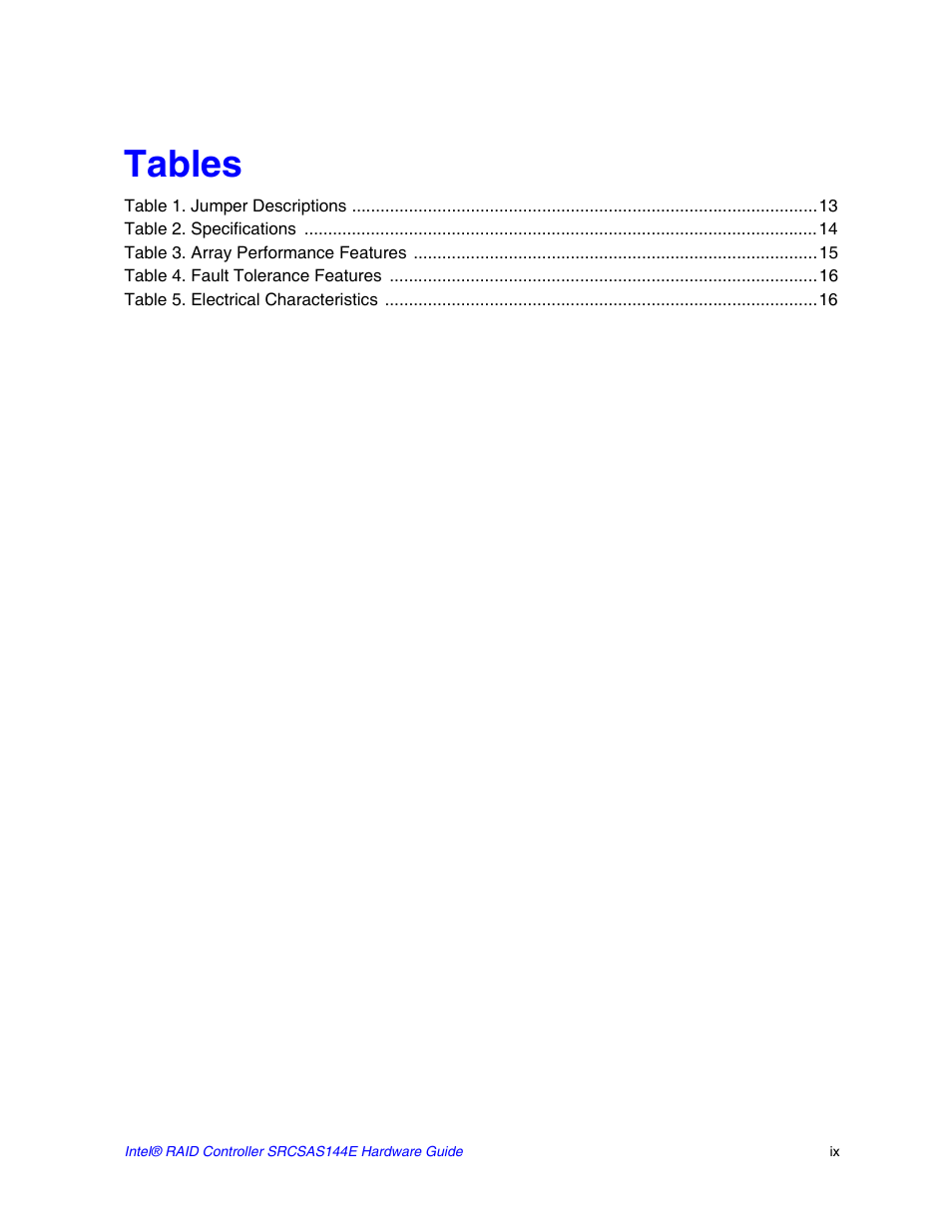 Tables | Intel raid controller srcsas144e User Manual | Page 9 / 28