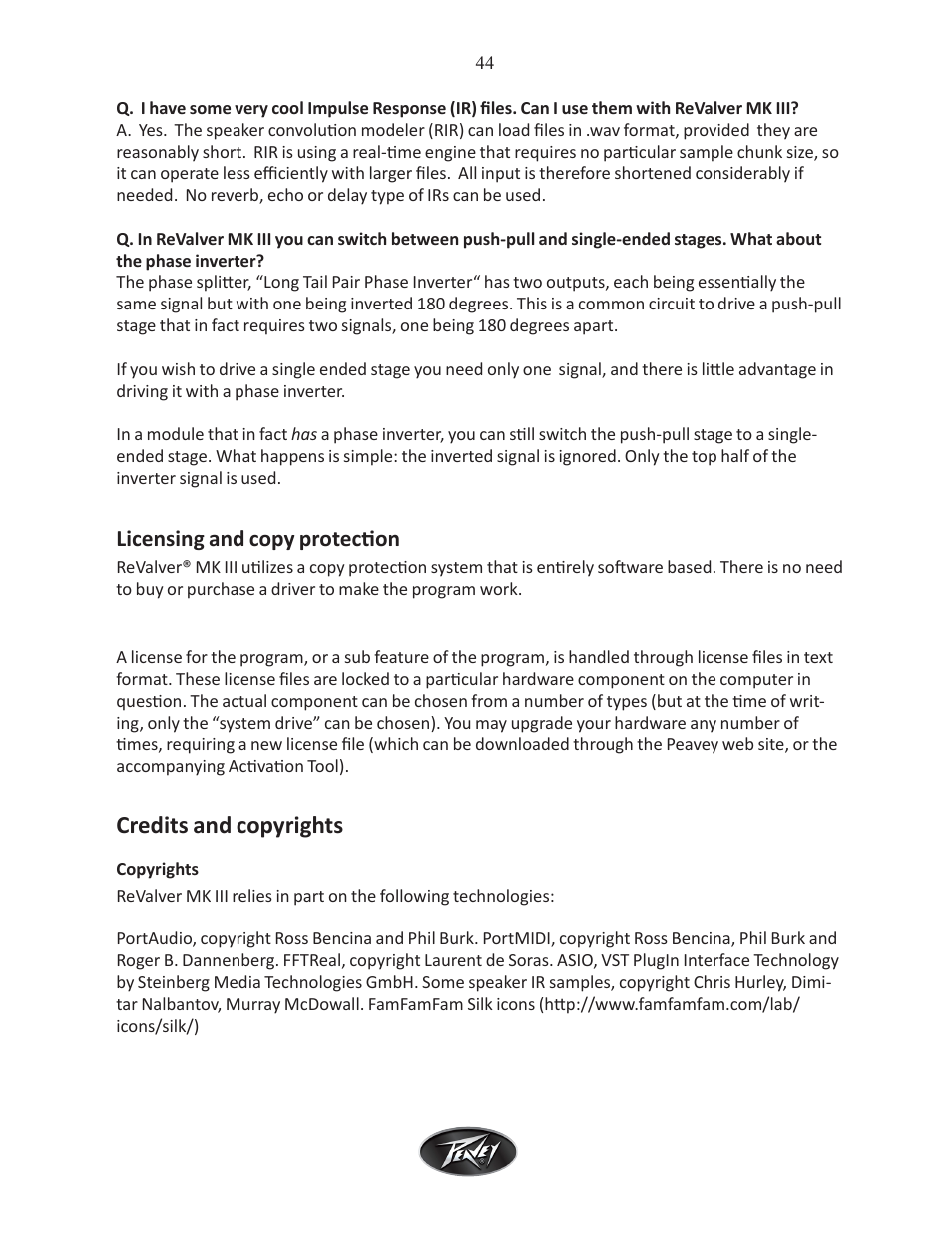 Credits and copyrights, Licensing and copy protection | Intel Peavey ReValver MK III User Manual | Page 45 / 45