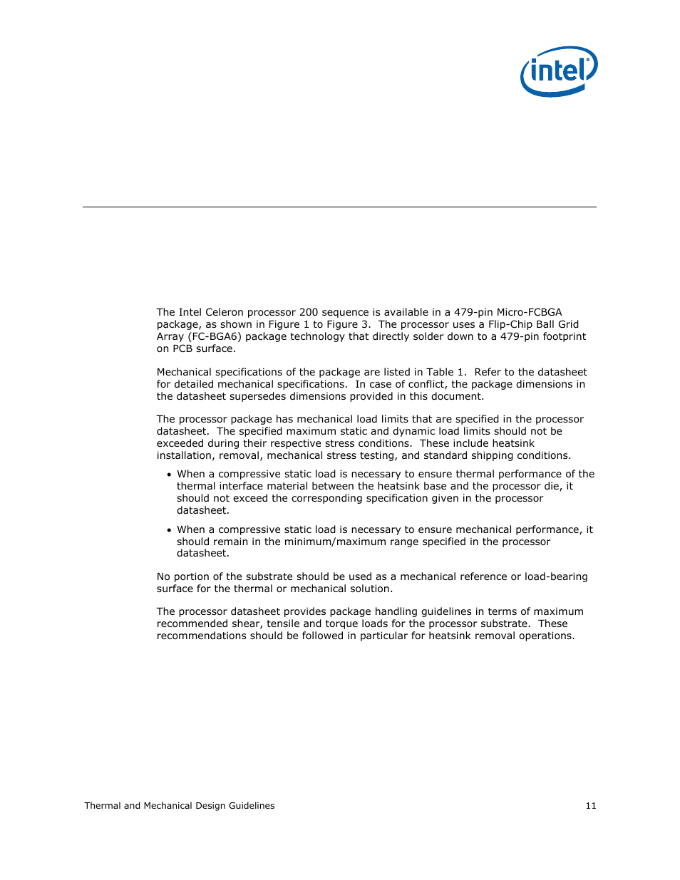 2 processor thermal/mechanical information, 1 mechanical requirements, 1 processor package | Processor thermal/mechanical information, Mechanical requirements, Processor package, 2processor thermal/mechanical information | Intel CELERON 200 User Manual | Page 11 / 53