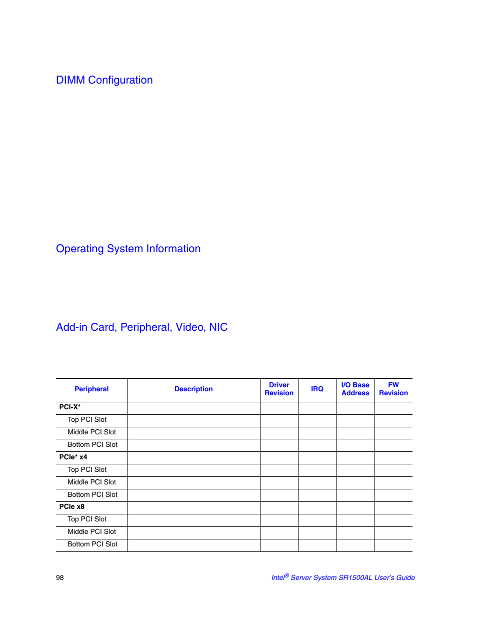 Dimm configuration, Operating system information, Add-in card, peripheral, video, nic | Intel SR1500AL User Manual | Page 120 / 180