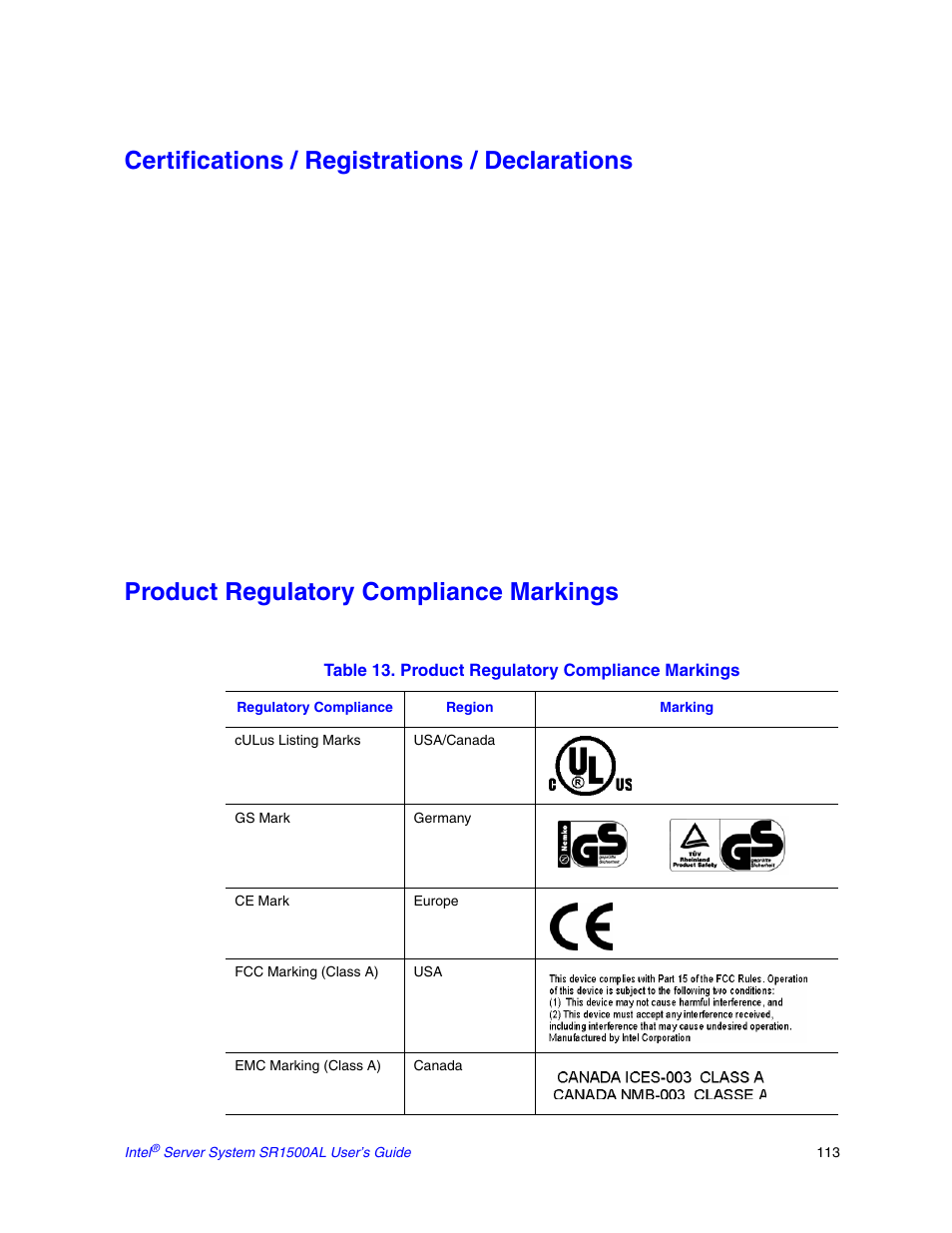 Certifications / registrations / declarations, Product regulatory compliance markings | Intel SR1500AL User Manual | Page 135 / 180