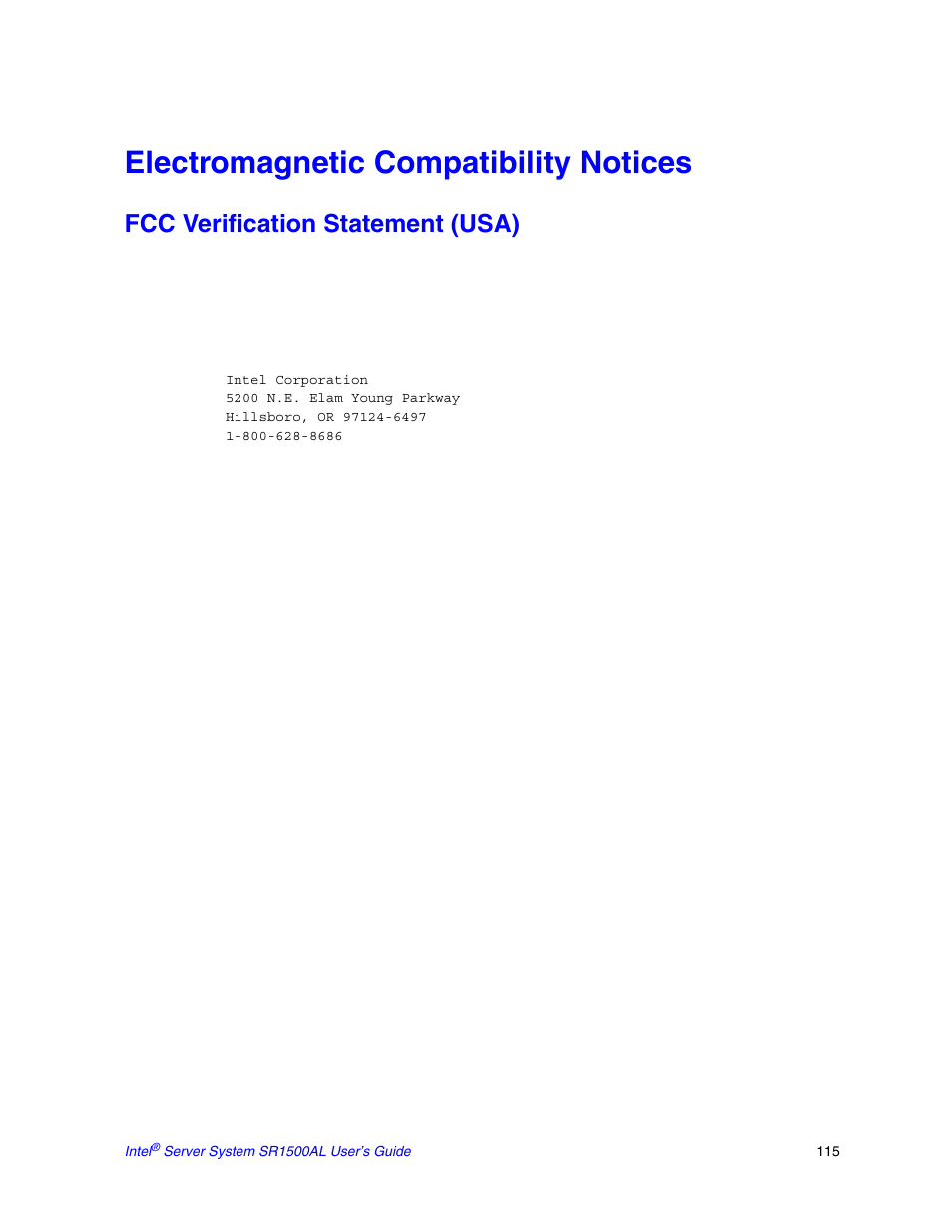 Electromagnetic compatibility notices, Fcc verification statement (usa) | Intel SR1500AL User Manual | Page 137 / 180