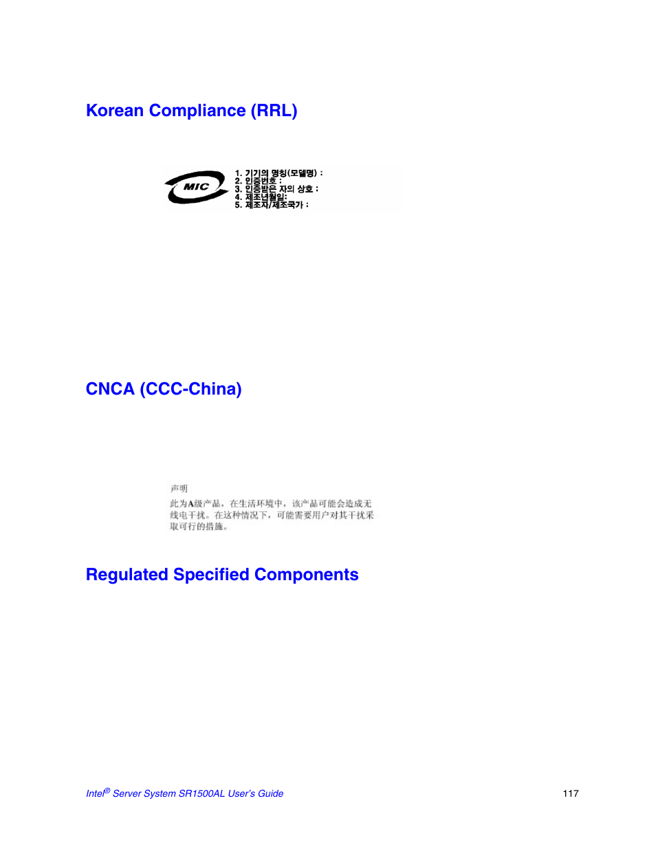 Korean compliance (rrl), Cnca (ccc-china), Regulated specified components | Intel SR1500AL User Manual | Page 139 / 180