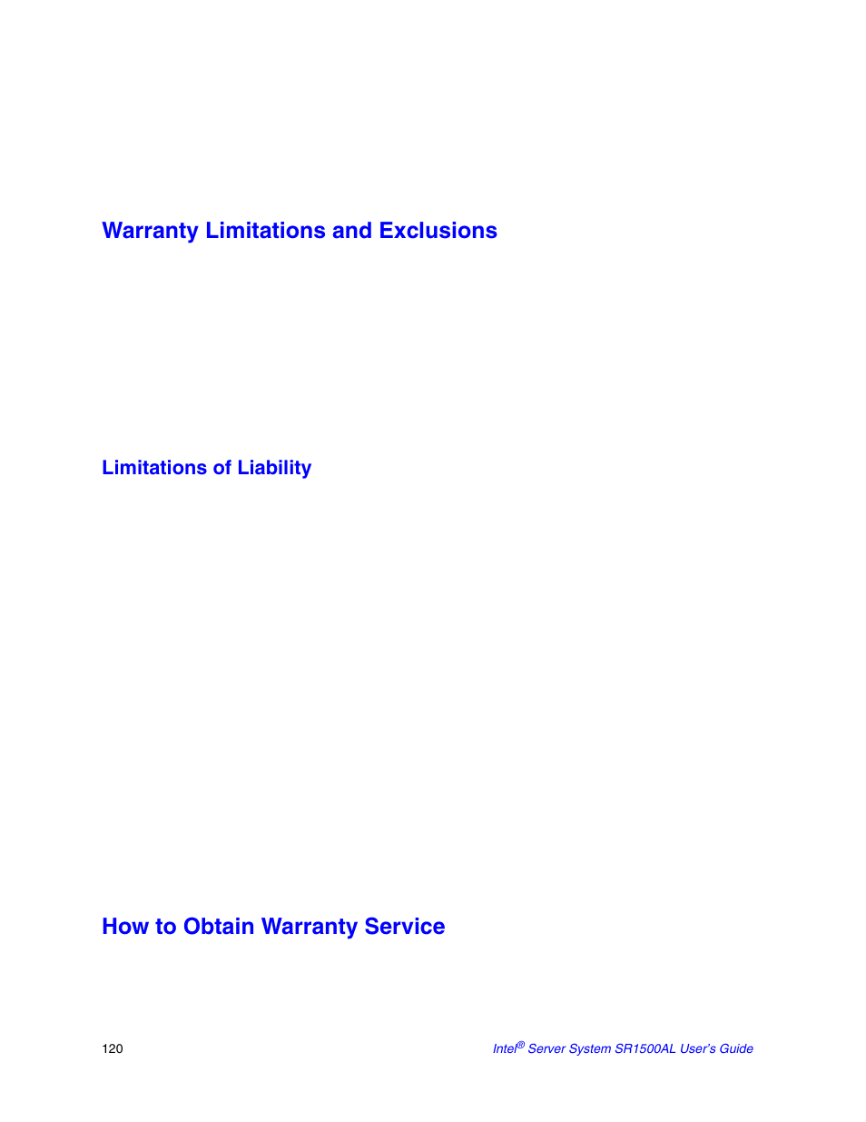 Warranty limitations and exclusions, How to obtain warranty service, Limitations of liability | Intel SR1500AL User Manual | Page 142 / 180
