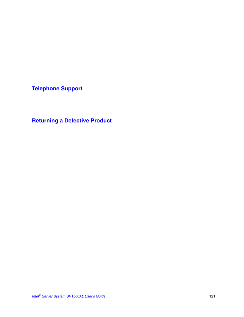 Telephone support, Returning a defective product | Intel SR1500AL User Manual | Page 143 / 180