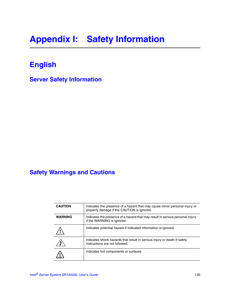 Appendix i: safety information, English, Server safety information | Safety warnings and cautions | Intel SR1500AL User Manual | Page 157 / 180
