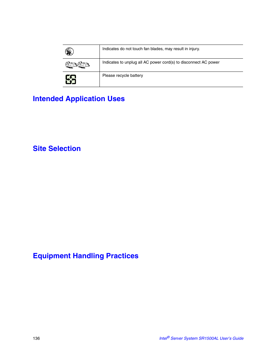 Intended application uses, Site selection, Equipment handling practices | Intel SR1500AL User Manual | Page 158 / 180