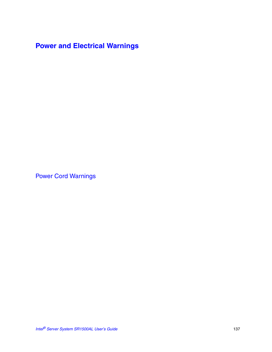 Power and electrical warnings, Power cord warnings | Intel SR1500AL User Manual | Page 159 / 180