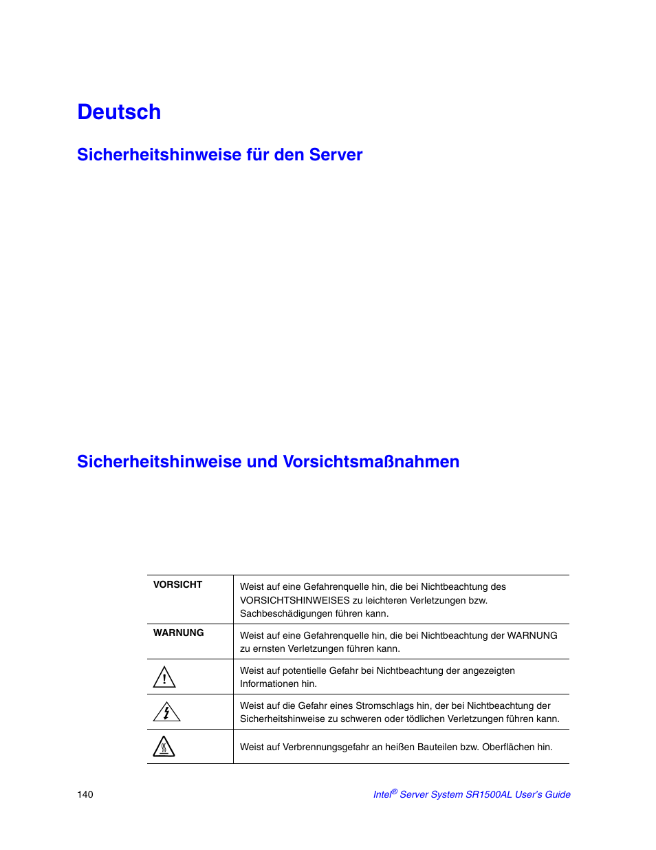 Deutsch, Sicherheitshinweise für den server, Sicherheitshinweise und vorsichtsmaßnahmen | Intel SR1500AL User Manual | Page 162 / 180