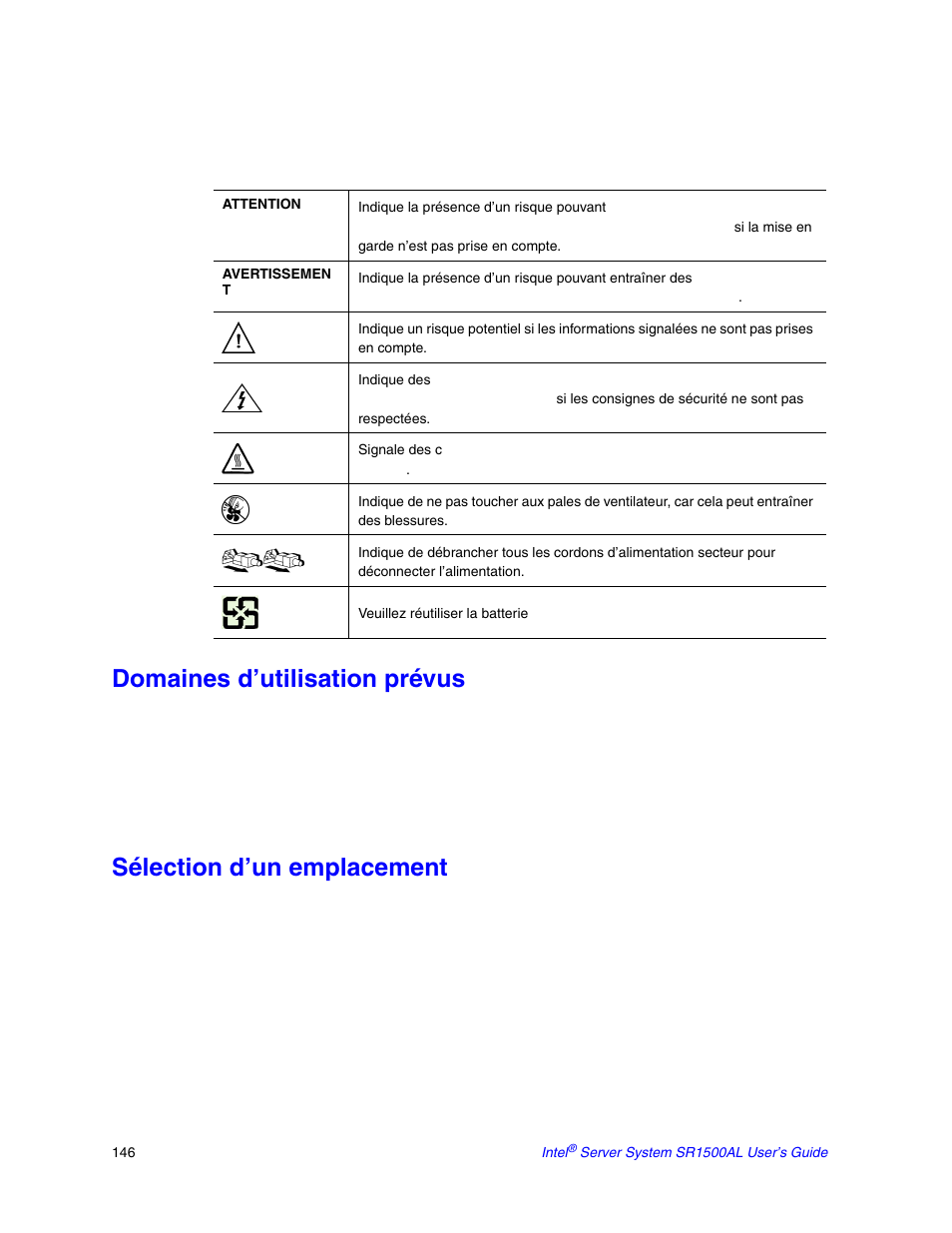 Domaines d’utilisation prévus, Sélection d’un emplacement | Intel SR1500AL User Manual | Page 168 / 180