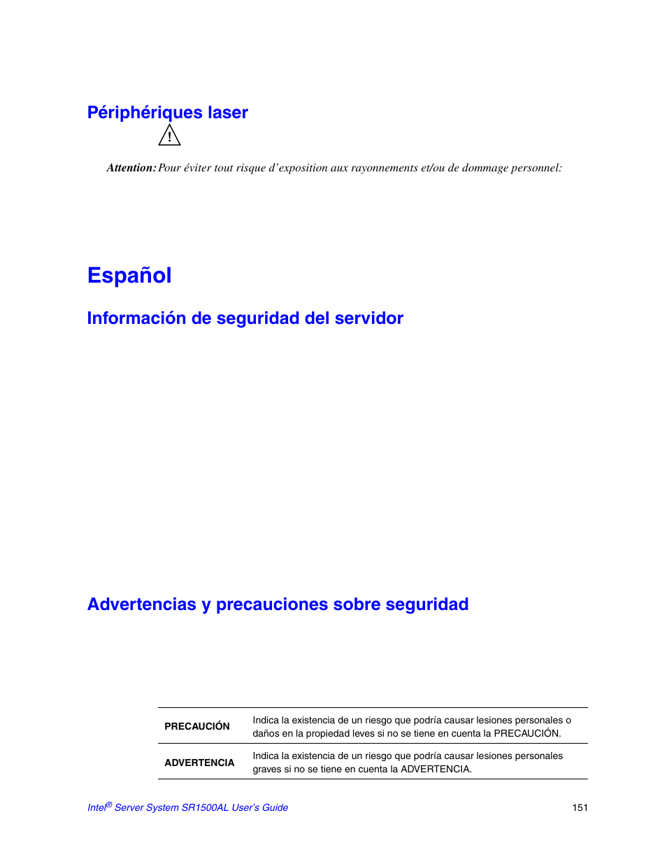 Español, Périphériques laser, Información de seguridad del servidor | Advertencias y precauciones sobre seguridad | Intel SR1500AL User Manual | Page 173 / 180