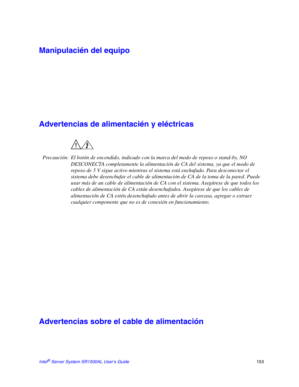 Manipulacién del equipo, Advertencias de alimentacién y eléctricas, Advertencias sobre el cable de alimentación | Intel SR1500AL User Manual | Page 175 / 180