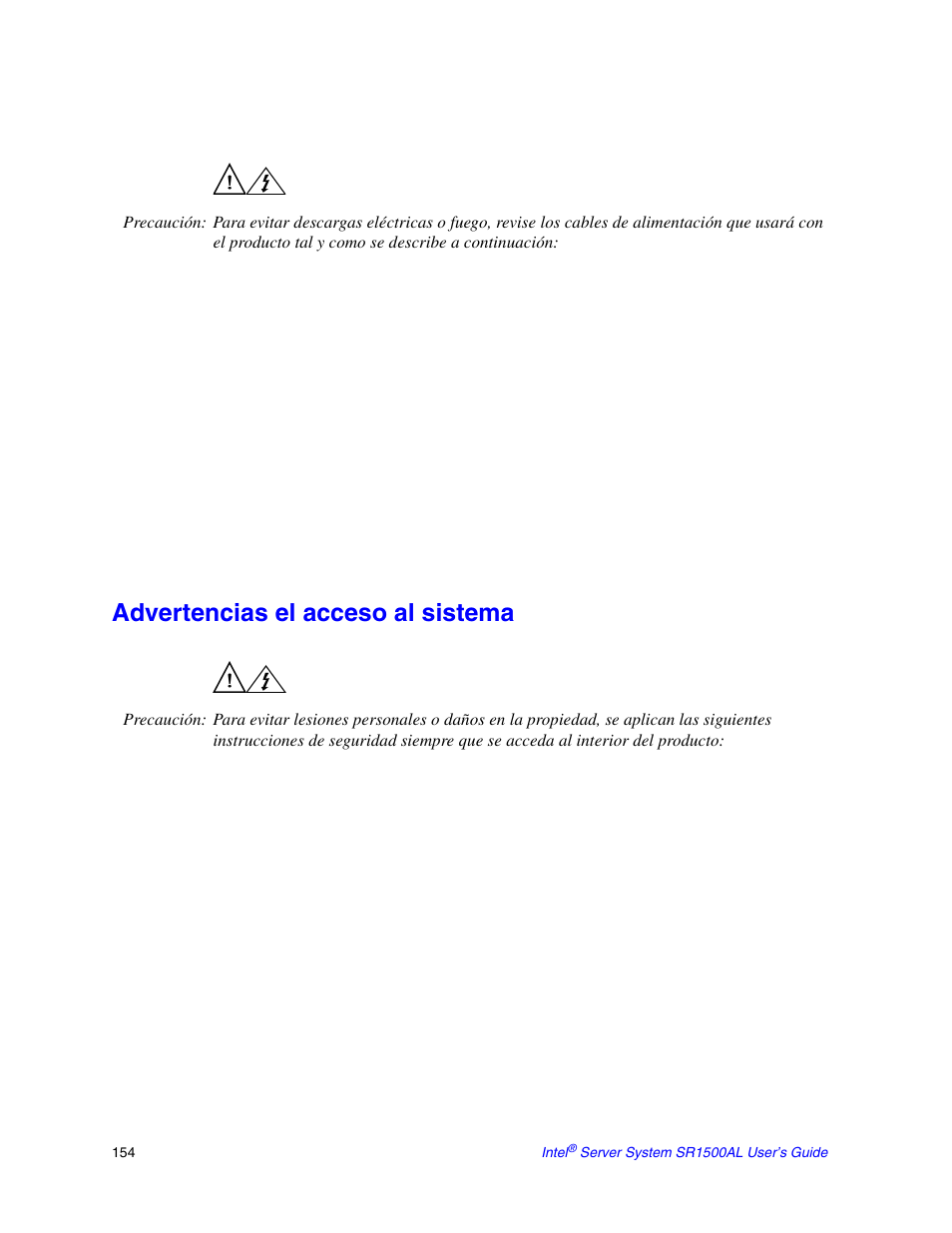 Advertencias el acceso al sistema | Intel SR1500AL User Manual | Page 176 / 180