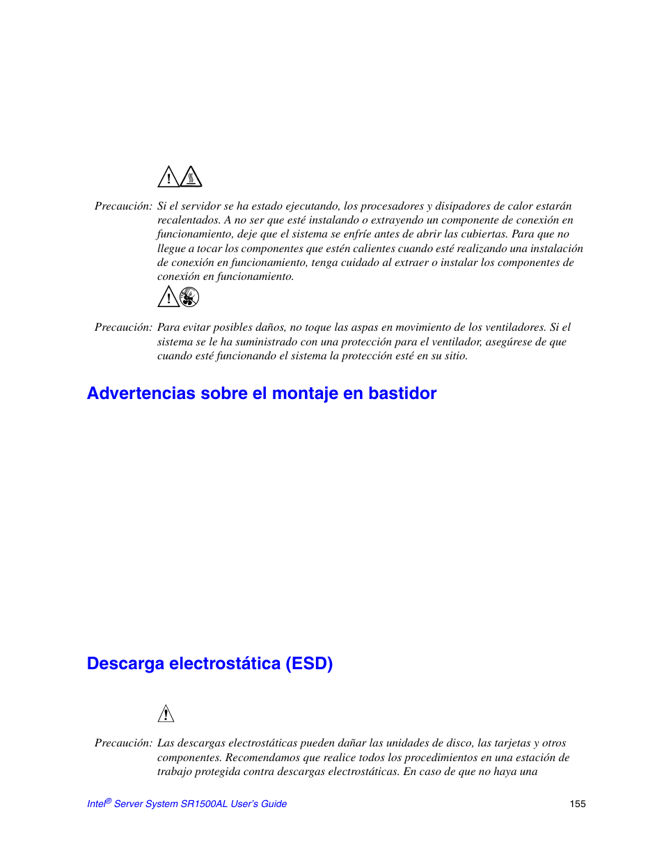 Advertencias sobre el montaje en bastidor, Descarga electrostática (esd) | Intel SR1500AL User Manual | Page 177 / 180