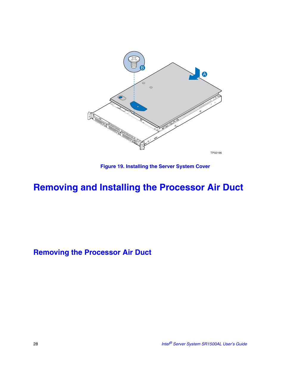 Removing and installing the processor air duct, Removing the processor air duct | Intel SR1500AL User Manual | Page 50 / 180