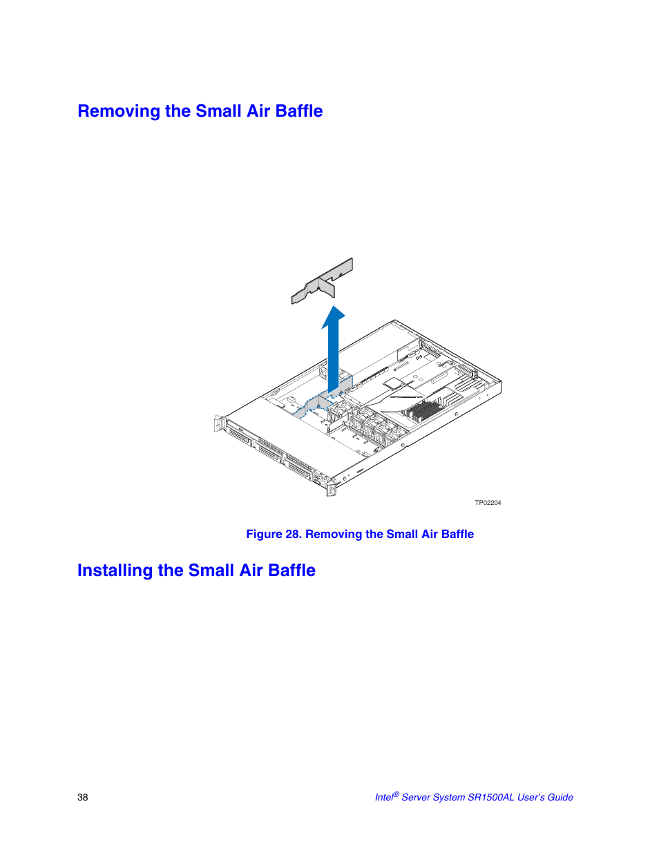 Removing the small air baffle, Installing the small air baffle | Intel SR1500AL User Manual | Page 60 / 180