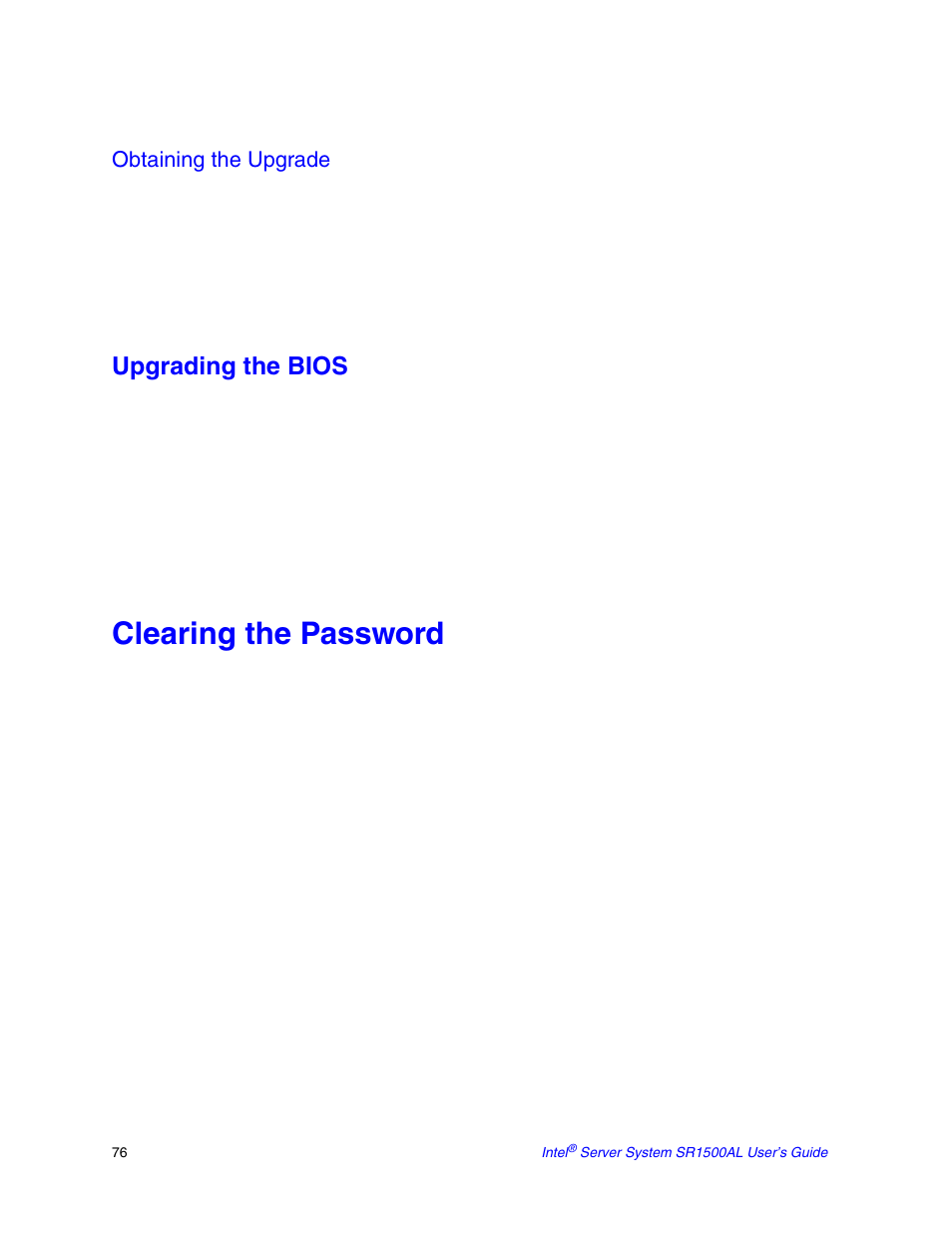 Clearing the password, Upgrading the bios, Obtaining the upgrade | Intel SR1500AL User Manual | Page 98 / 180