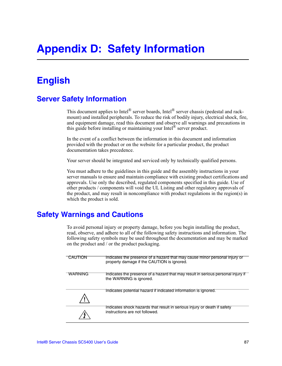 Appendix d: safety information, English, Server safety information | Safety warnings and cautions | Intel SC5400 User Manual | Page 109 / 146