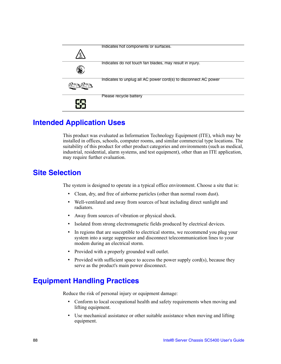 Intended application uses, Site selection, Equipment handling practices | Intel SC5400 User Manual | Page 110 / 146