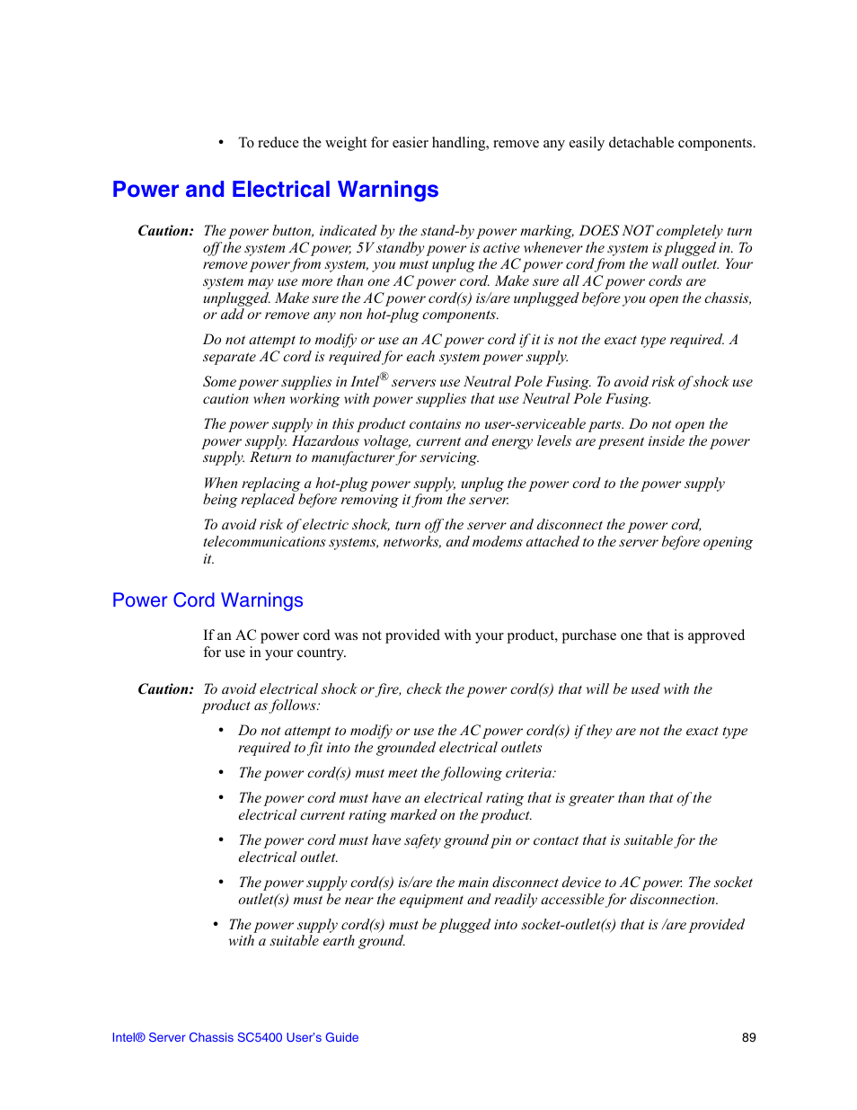 Power and electrical warnings, Power cord warnings | Intel SC5400 User Manual | Page 111 / 146